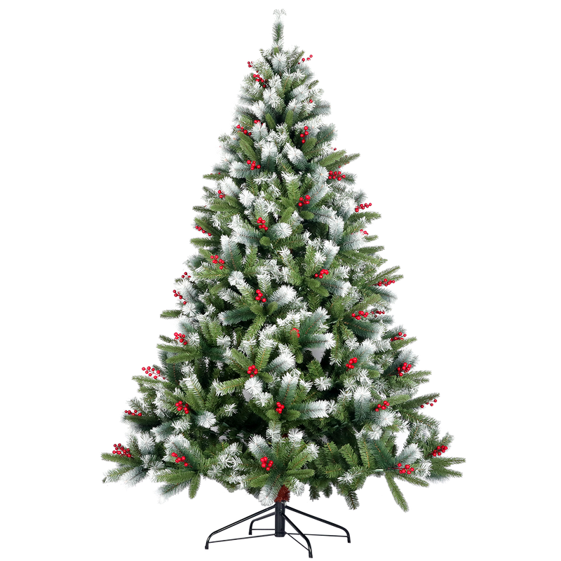 Artificial Christmas Tree Flocked Pine Needle Tree with Cones Red Berries 7.5 ft Foldable Stand