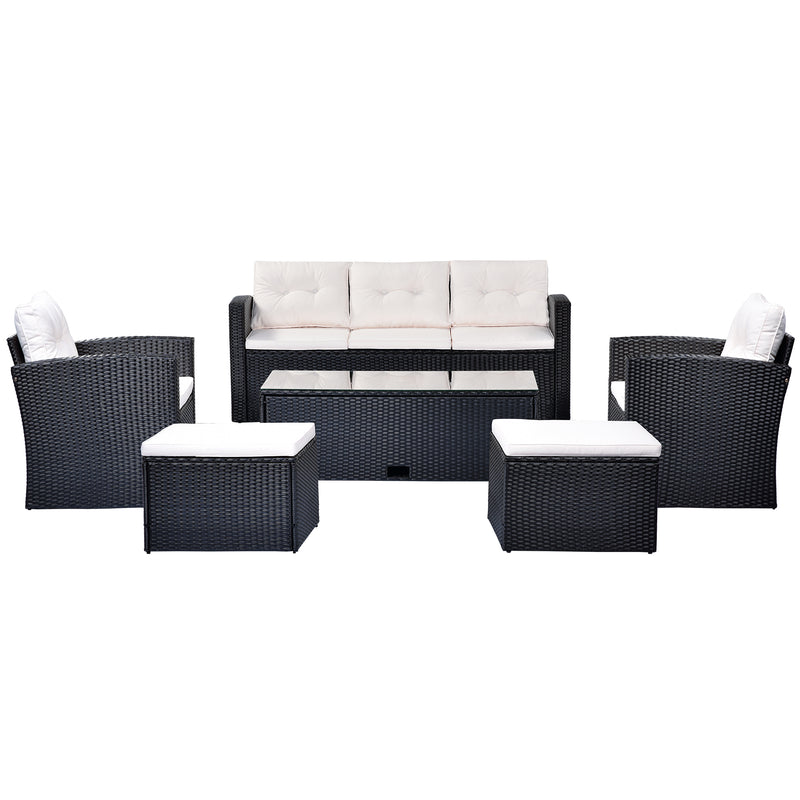 6-piece All-Weather Wicker PE rattan Patio Outdoor Dining Conversation Sectional Set with coffee table, wicker sofas, ottomans, removable cushions (Black wicker, Beige cushion)