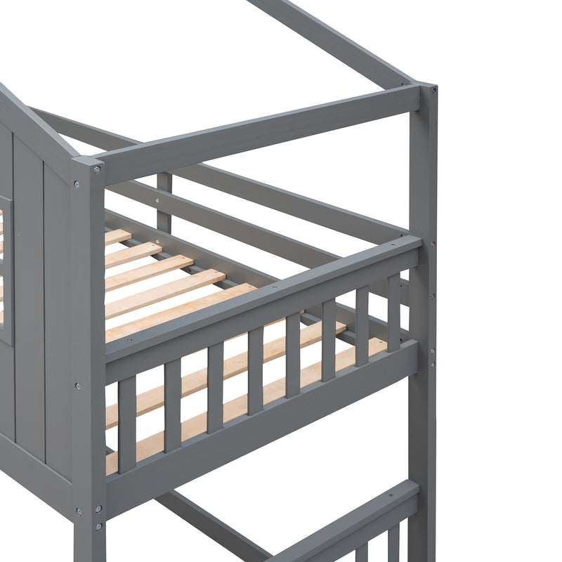 Twin Over Twin House Bunk Bed With Ladder, Wood Bed-Gray