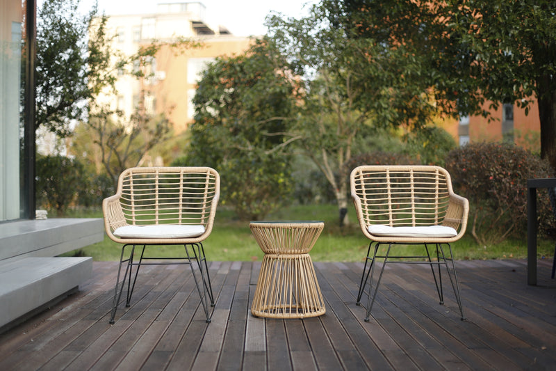 3 Piece Patio Set, Outdoor Wicker Chairs with Glass Top Table and Soft Cushion, Rattan Front Porch Furniture