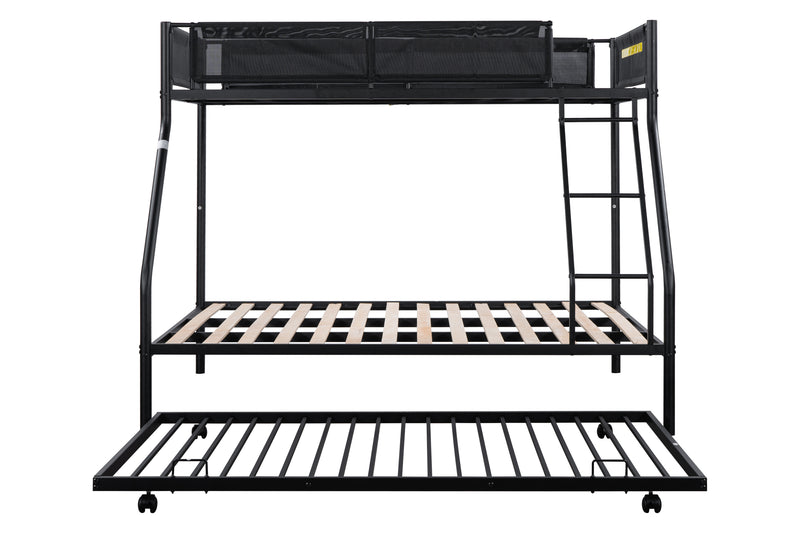 Twin over Full Metal Bunk Bed with Trundle (Wood Slat and Textilene Guardrail)