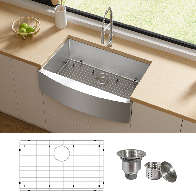 TECASA Farmhouse Sink 30 inches Stainless Steel Apron Sinks 16 Gauge for Kitchen Front Rounded 10 inch Deep Single Bowl Kitchen Sink with Accessories (Pack of 3)