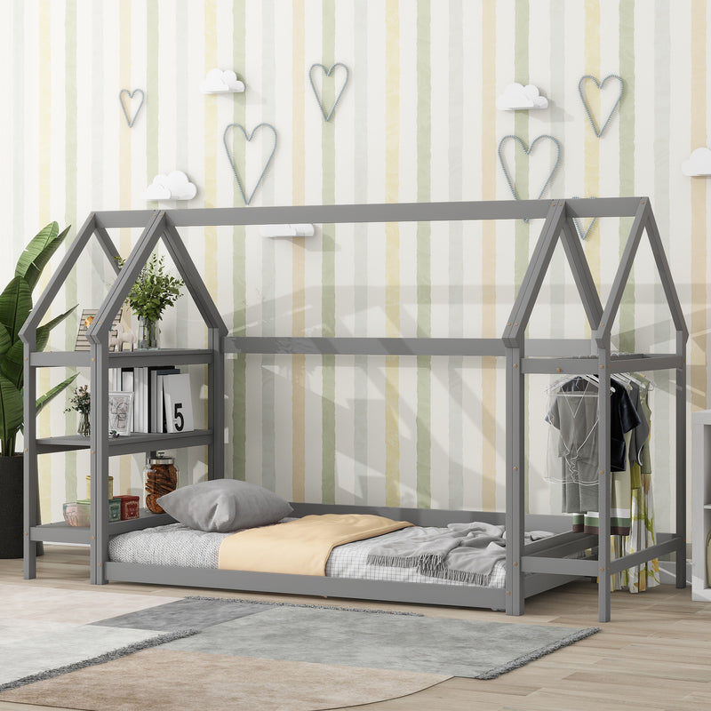 Twin House-Shaped Floor Bed with 2 Detachable Stands,Gray