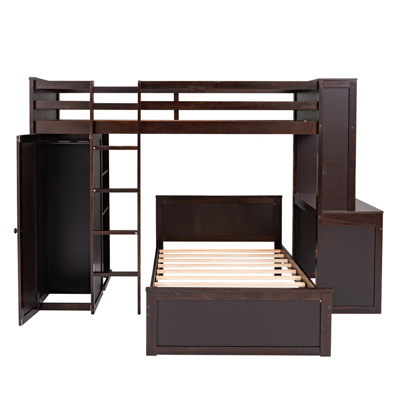 Twin size Loft Bed with a Stand-alone bed, Shelves,Desk,and Wardrobe-Espresso