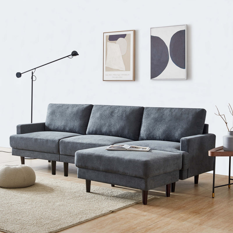 Modern fabric sofa L shape, 3 seater with ottoman-104.6"-Dark gray