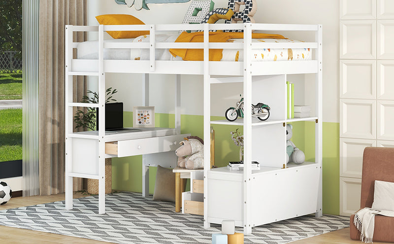 Twin  Size Loft Bed with Built-in Desk with Two Drawers, and Storage Shelves and Drawers,White