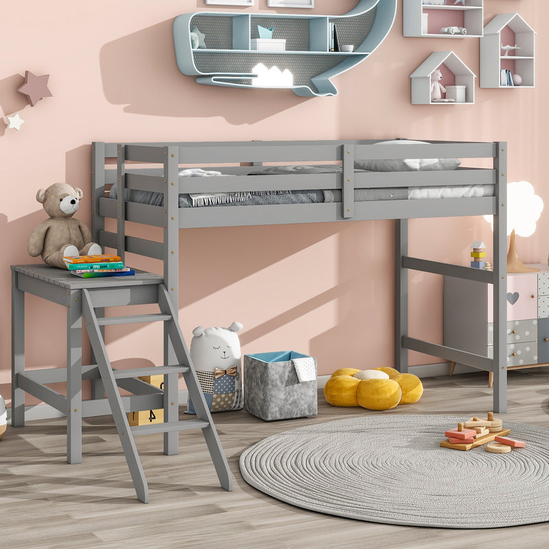 Twin Loft Bed with Platform,ladder,Gray