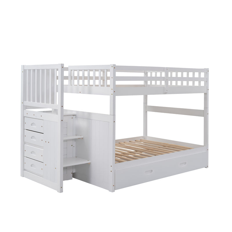 Full over Full Bunk Bed with Twin Size Trundle, White