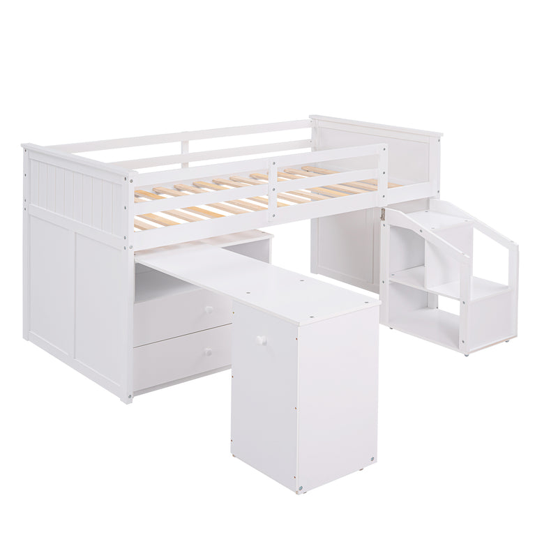 Loft Bed Low Study Twin Size Loft Bed With Storage Steps and Portable,Desk,White