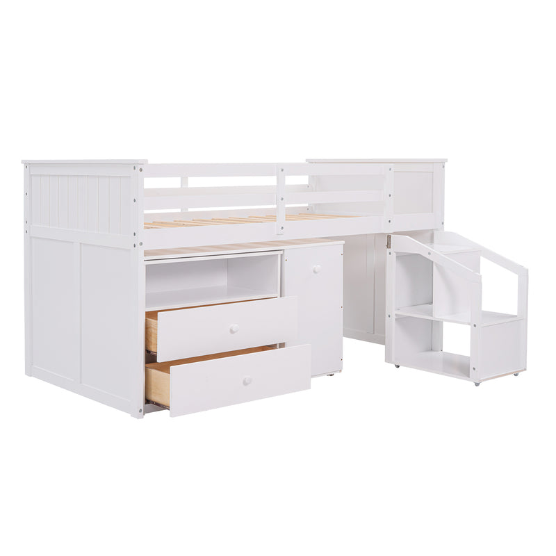 Loft Bed Low Study Twin Size Loft Bed With Storage Steps and Portable,Desk,White