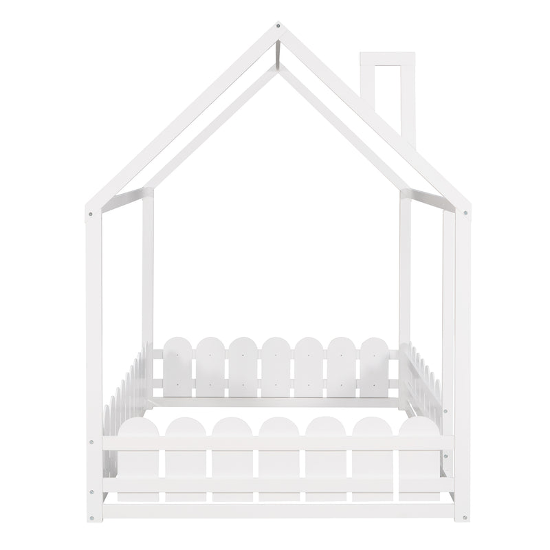 （Slats are not included) Full Size Wood Bed House Bed Frame with Fence, for Kids, Teens, Girls, Boys (White )