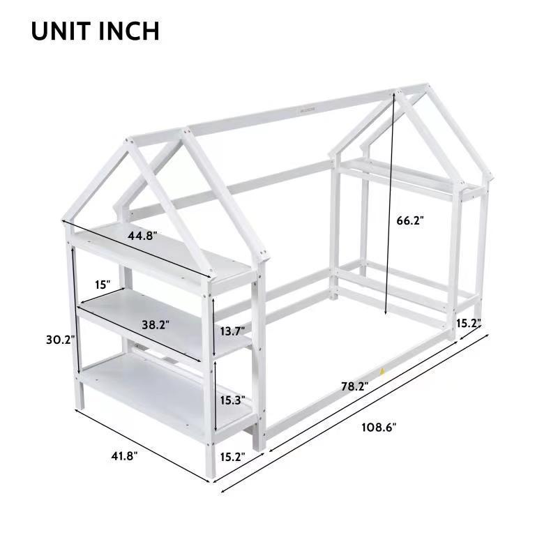 Twin House-Shaped Floor Bed with 2 Detachable Stands,White