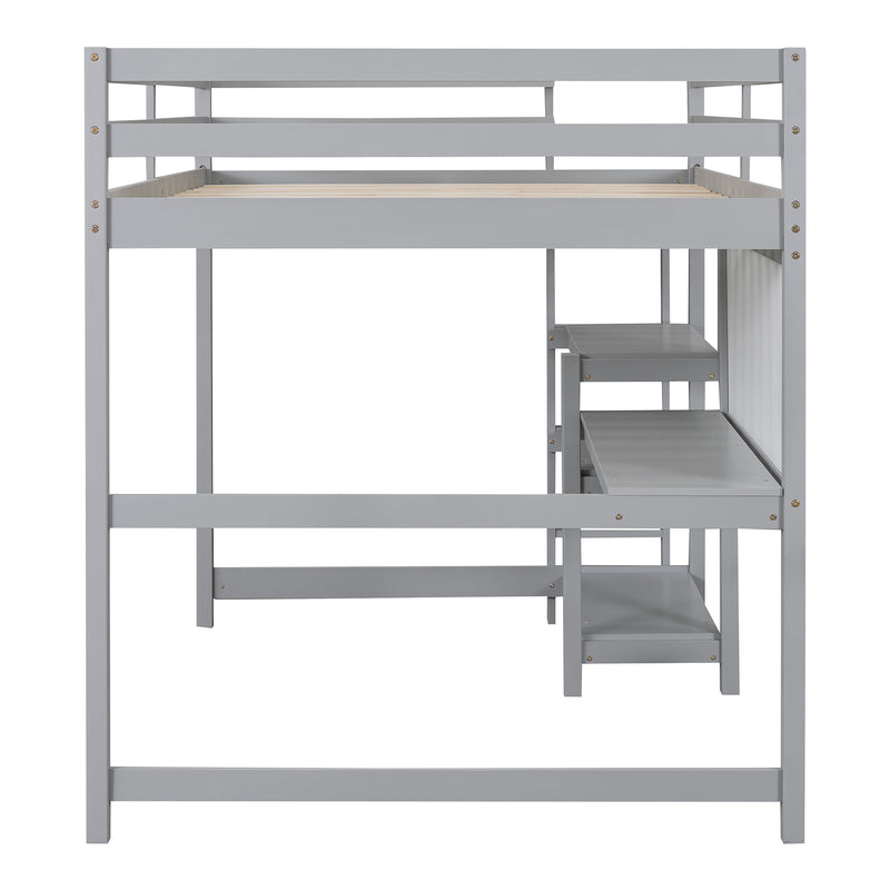 Full Size Wooden Loft Bed with Shelves, Desk and Writing Board - Gray