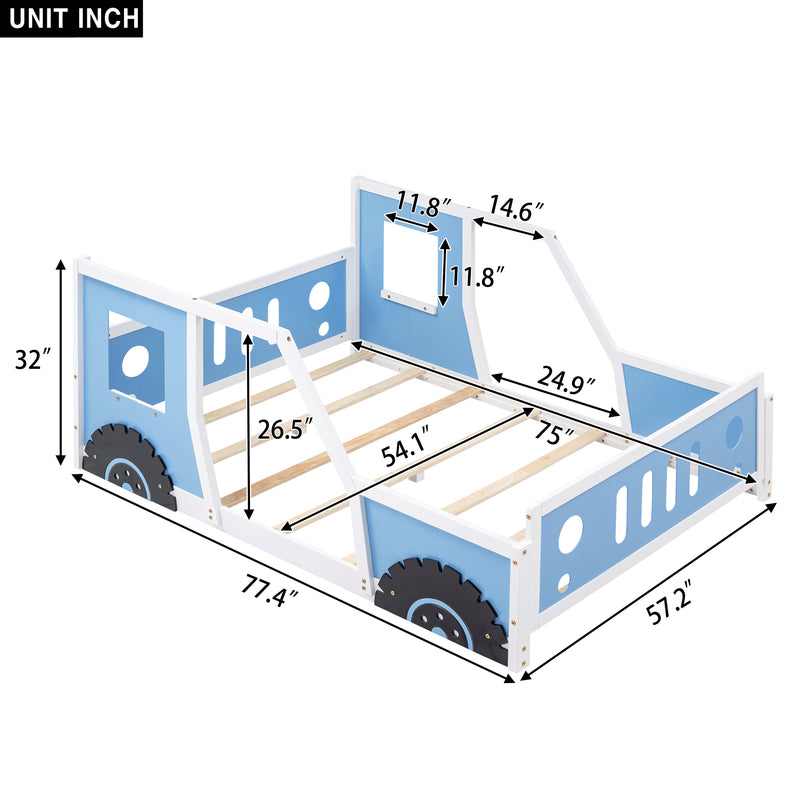 Full Size Classic Car-Shaped Platform Bed with Wheels,Blue