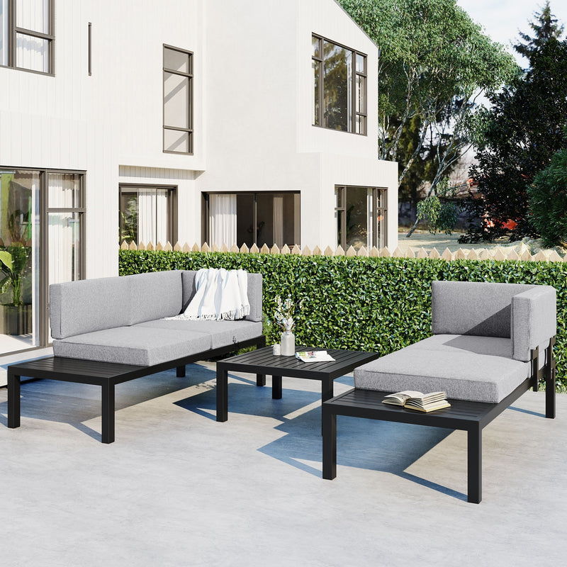 Outdoor 3-piece Aluminum Alloy Sectional Sofa Set with End Table and Coffee Table,Black Frame+Gray Cushion