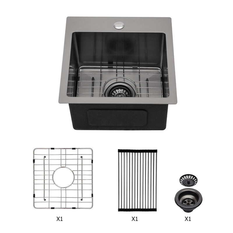 15*15*9 inch Drop in Kitchen Sink Gunmetal Black Topmount 16 Gauge Deep Single Bowl Stainless Steel Sink Basin