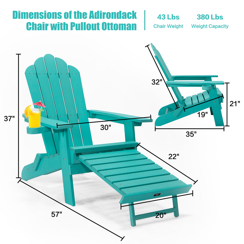 TALE Folding Adirondack Chair with Pullout Ottoman with Cup Holder, Oversized, Poly Lumber,  for Patio Deck Garden, Backyard Furniture, Easy to Install,GREEN. Banned from selling on Amazon