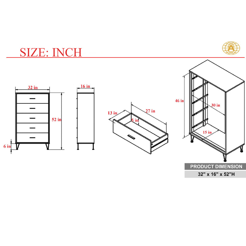 5 Drawers Chest Wood Cabinet with Metal Foots  in White