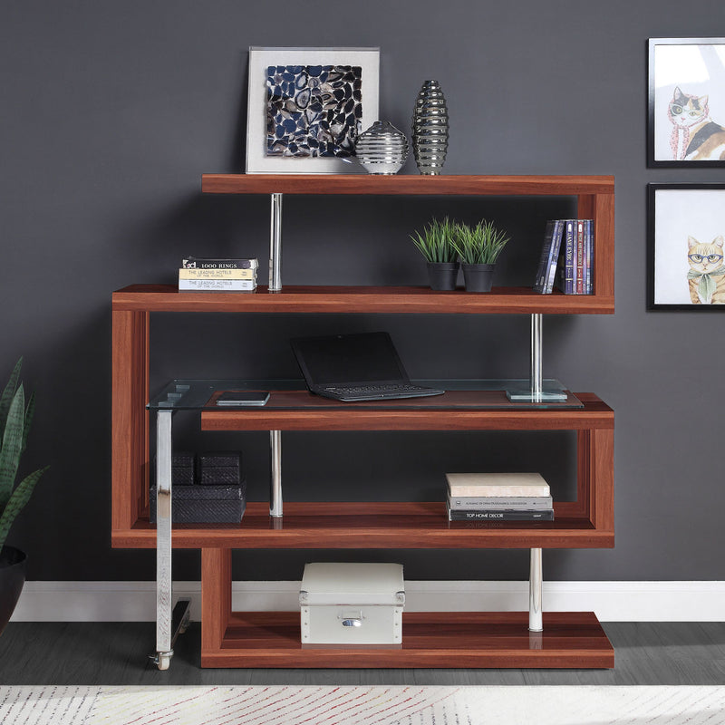 Desk w/Shelf, Clear Glass, Walnut & Chrome Finish