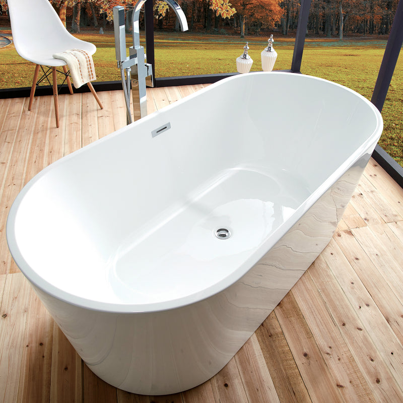 59" 100% Acrylic Freestanding Bathtub Contemporary Soaking Tub with Brushed Nickel Overflow and Drain