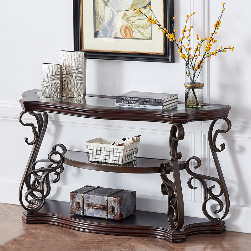 Sofa Table, Glass table top, MDF W/marble paper middle shelf, powder coat finish metal legs.