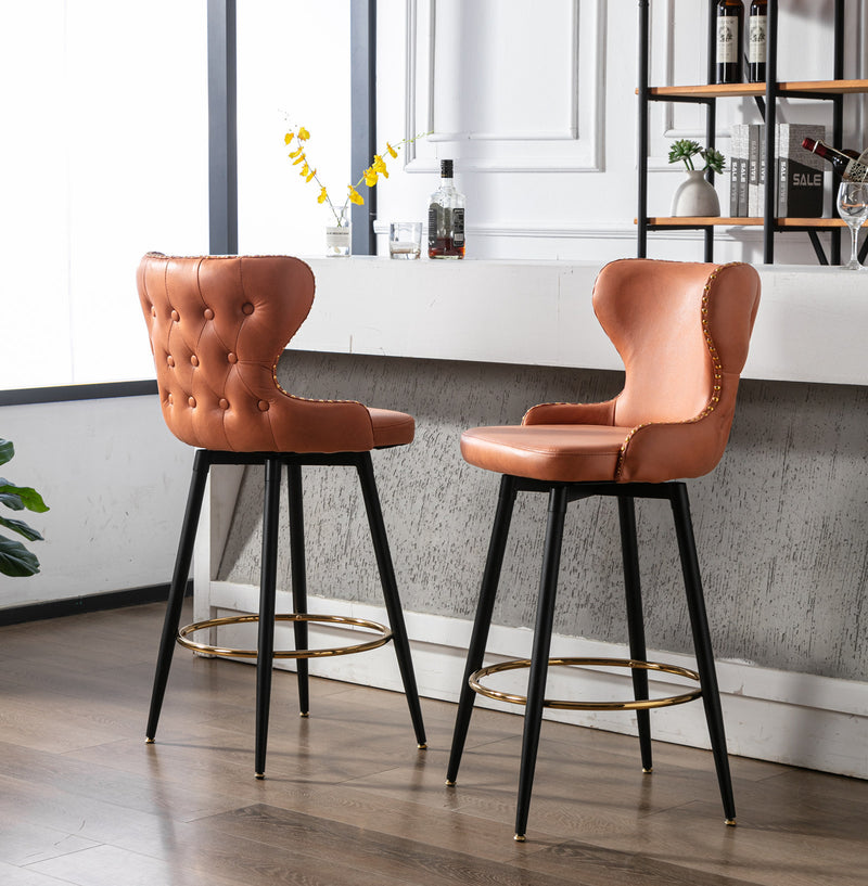 29" Modern Fabric Faux Leather bar chairs,180° Swivel Bar Stool Chair for Kitchen,Tufted Gold Nailhead Trim Gold Decoration Bar Stools with Metal Legs,Set of 2 (Orange)