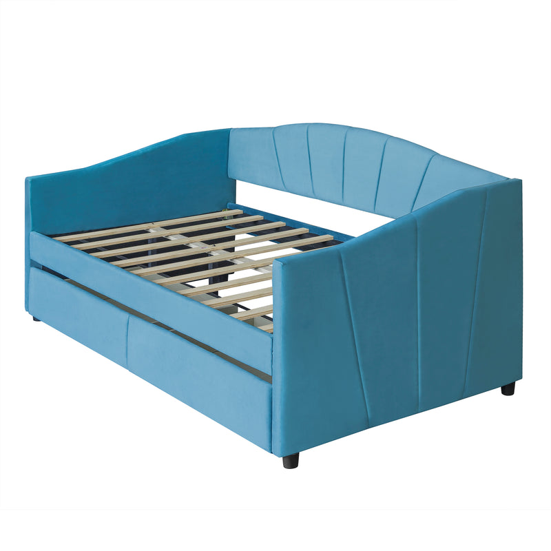 Upholstered daybed Twin Size with Two Drawers and Wood Slat Suppot ,Blue