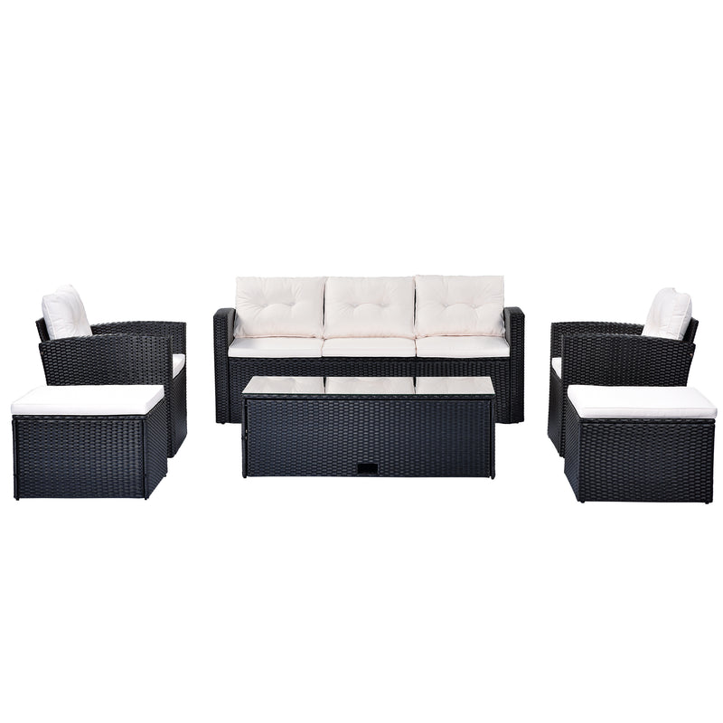 6-piece All-Weather Wicker PE rattan Patio Outdoor Dining Conversation Sectional Set with coffee table, wicker sofas, ottomans, removable cushions (Black wicker, Beige cushion)