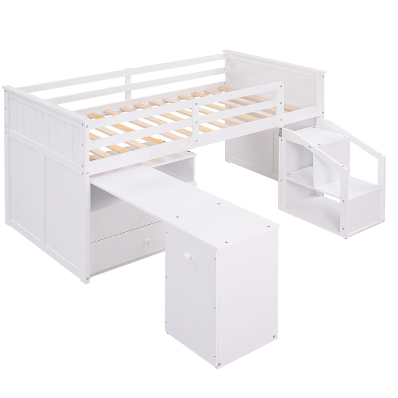 Loft Bed Low Study Twin Size Loft Bed With Storage Steps and Portable,Desk,White