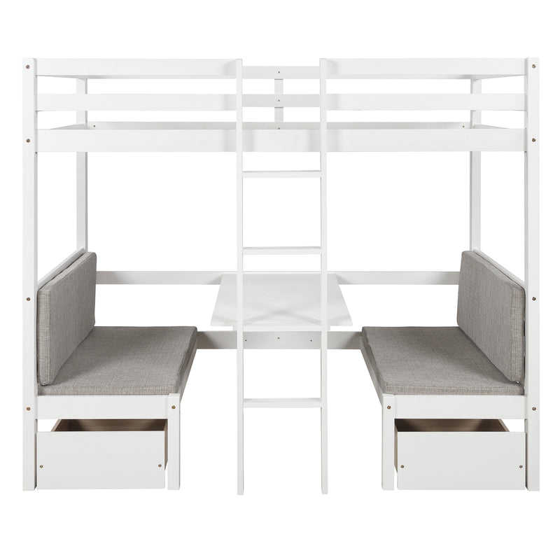 Functional Loft Bed (turn into upper bed and down desk，cushion sets are free), Twin Size, White