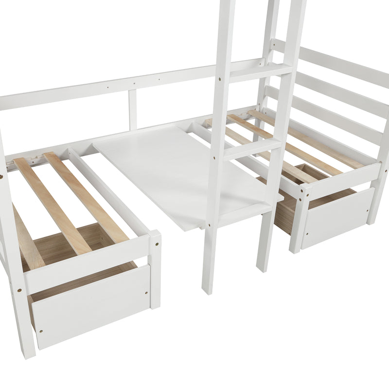 Functional Loft Bed (turn into upper bed and down desk，cushion sets are free), Twin Size, White