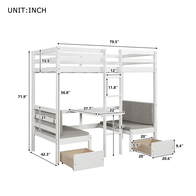 Functional Loft Bed (turn into upper bed and down desk，cushion sets are free), Twin Size, White