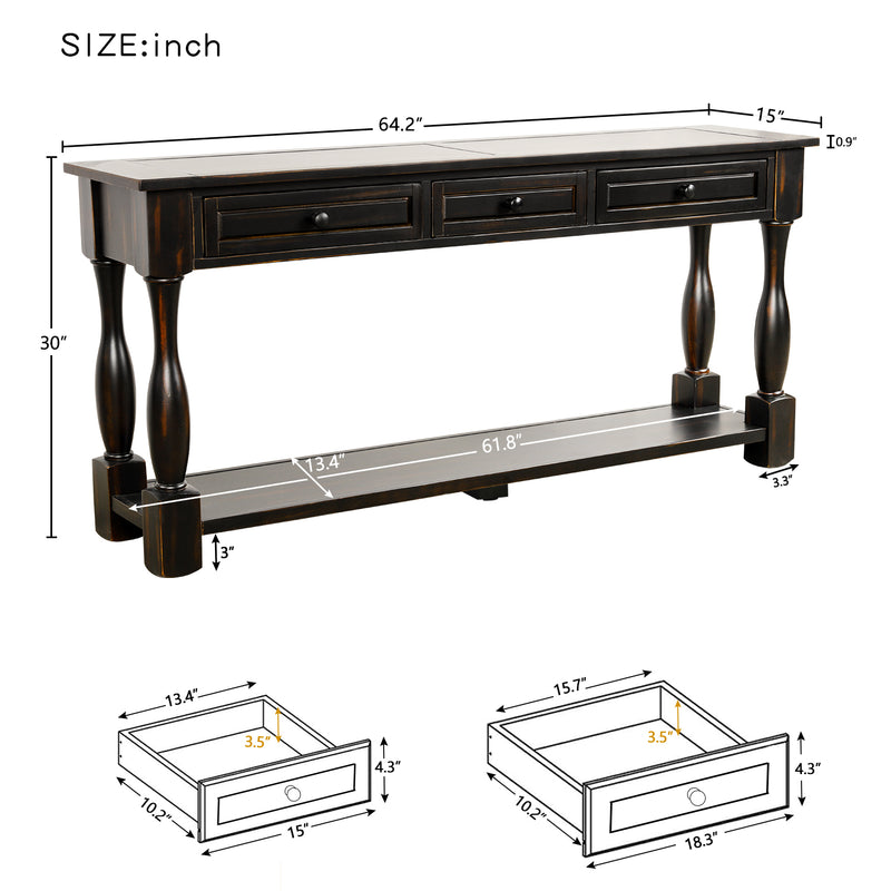 Console Table 64" Long Sofa Table Easy Assembly with Drawers and Shelf for Entryway, Hallway, Living Room, Black, White