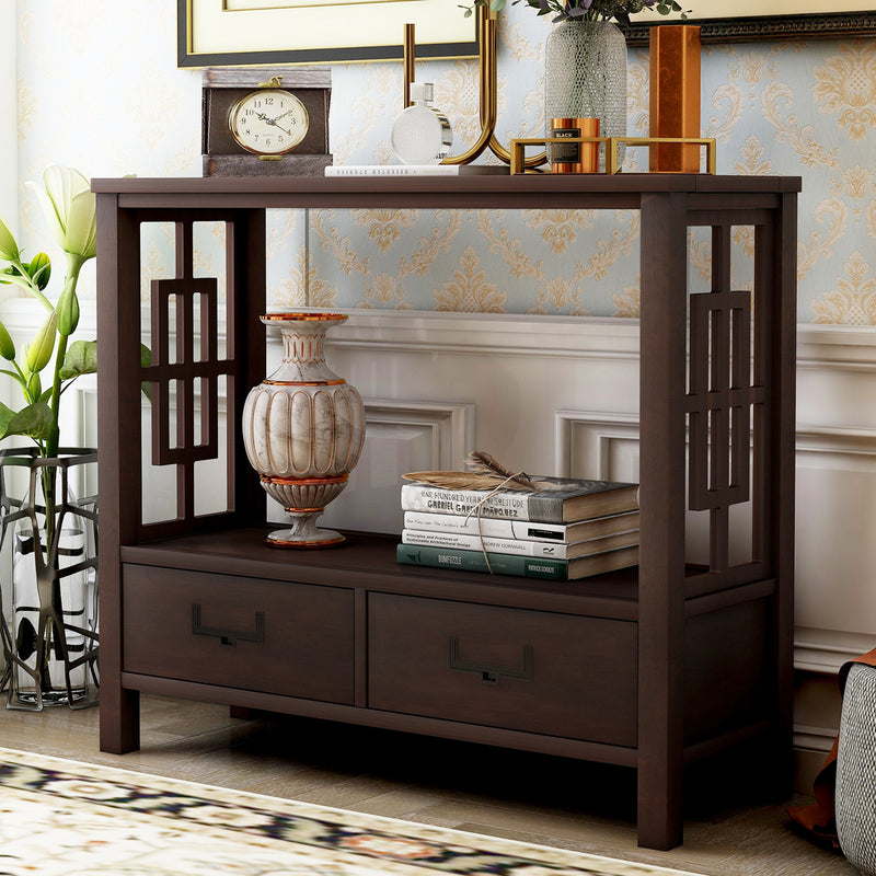 Console Sofa Table with Two Bottom Drawers, Farmhouse Narrow Sofa Table for Entryway