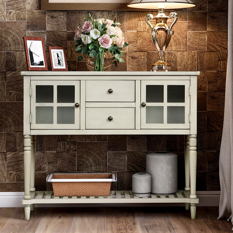 Sideboard Console Table with Bottom Shelf, Farmhouse Wood/Glass Buffet Storage Cabinet Living Room