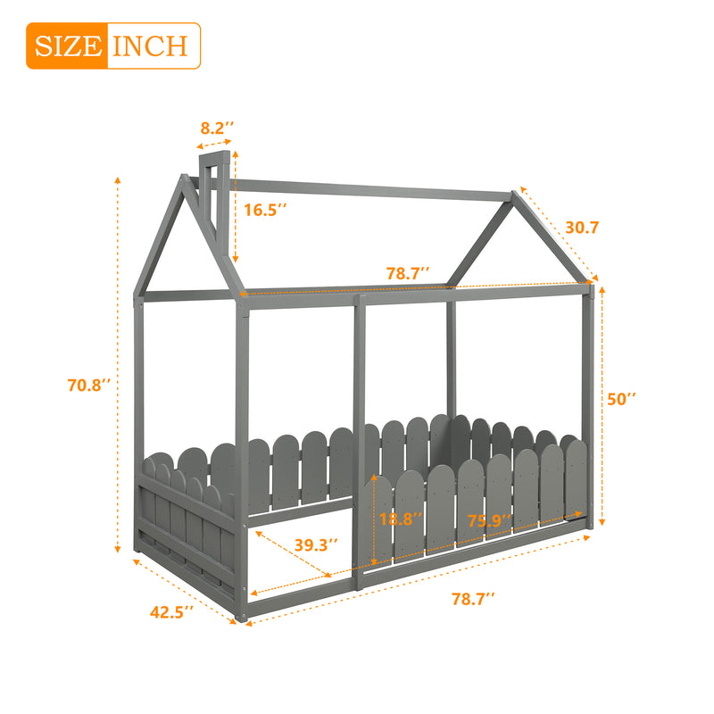 （Slats are not included)  Wood Bed House Bed Frame with Fence, for Kids, Teens, Girls, Boys