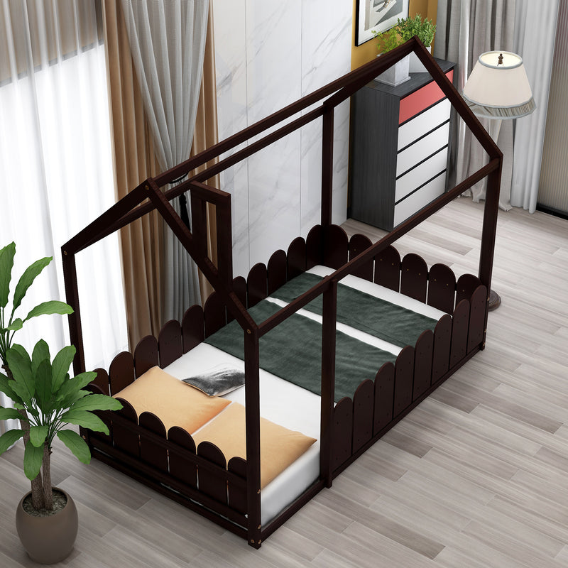 （Slats are not included)  Wood Bed House Bed Frame with Fence, for Kids, Teens, Girls, Boys