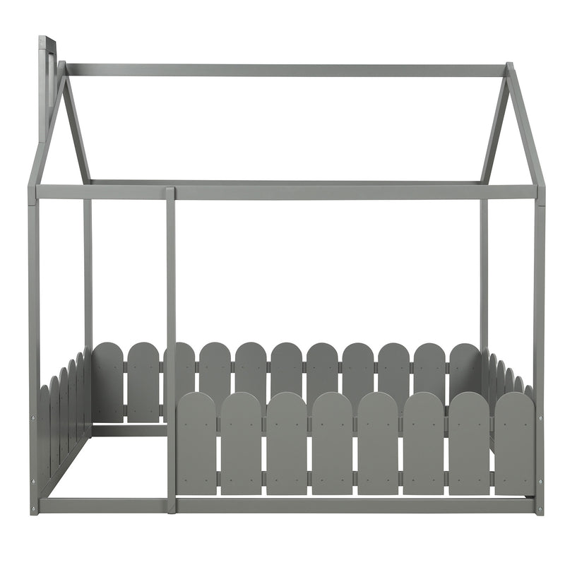 （Slats are not included)  Wood Bed House Bed Frame with Fence, for Kids, Teens, Girls, Boys