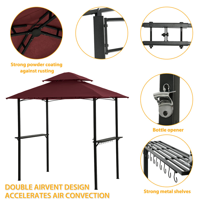 Outdoor Grill Gazebo 8 x 5 Ft, Shelter Tent, Double Tier Soft Top Canopy and Steel Frame with hook and Bar Counters,Burgundy