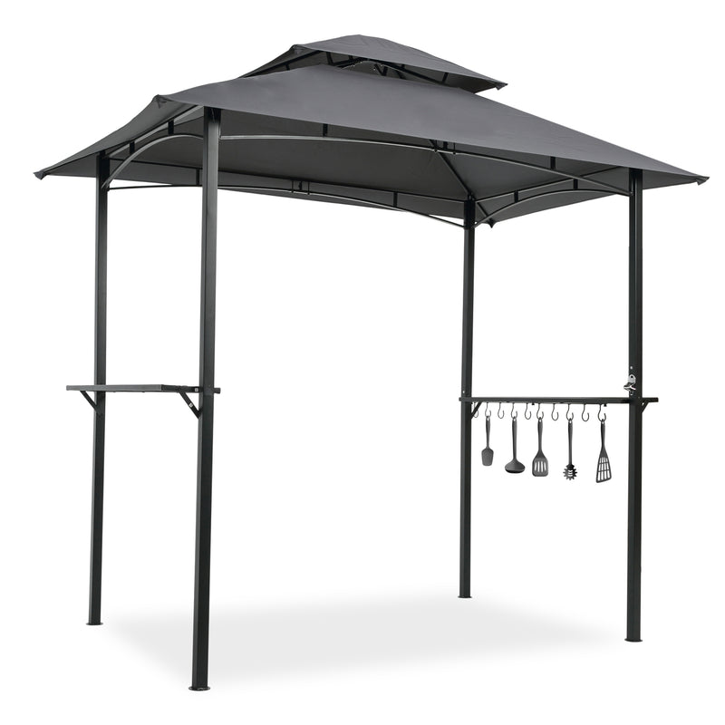 Outdoor Grill Gazebo 8 x 5 Ft, Shelter Tent, Double Tier Soft Top Canopy and Steel Frame with hook and Bar Counters, Grey