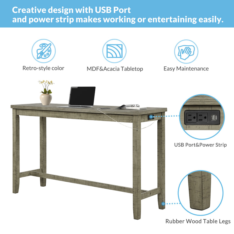 4 Pieces Counter Height Table with Fabric Padded Stools,Rustic Bar Dining Set with Socket