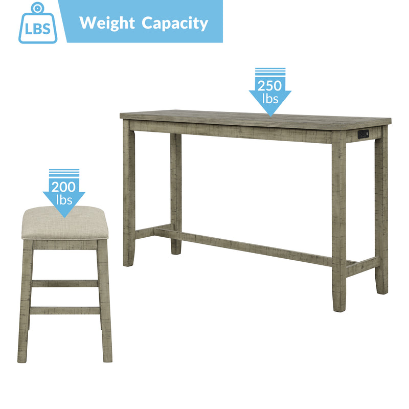 4 Pieces Counter Height Table with Fabric Padded Stools,Rustic Bar Dining Set with Socket