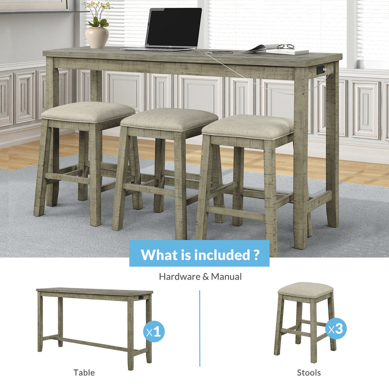 4 Pieces Counter Height Table with Fabric Padded Stools,Rustic Bar Dining Set with Socket