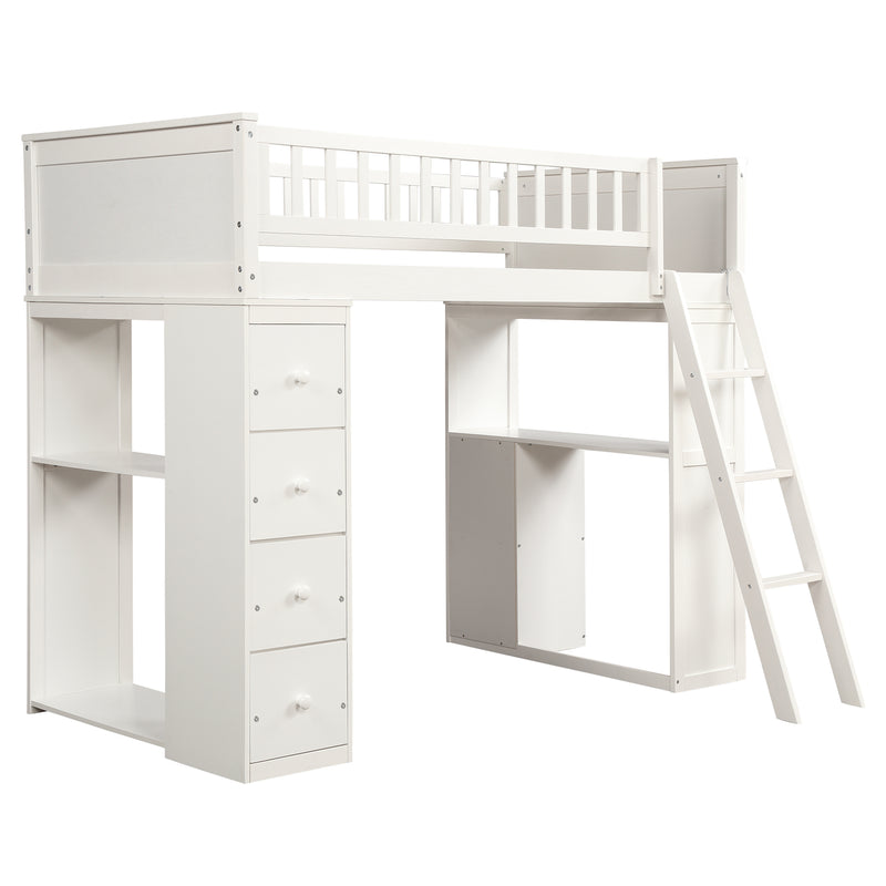 Twin over Twin Bed with Drawers and Shelves for Kids, White,Gray