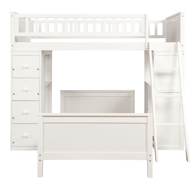 Twin over Twin Bed with Drawers and Shelves for Kids, White,Gray