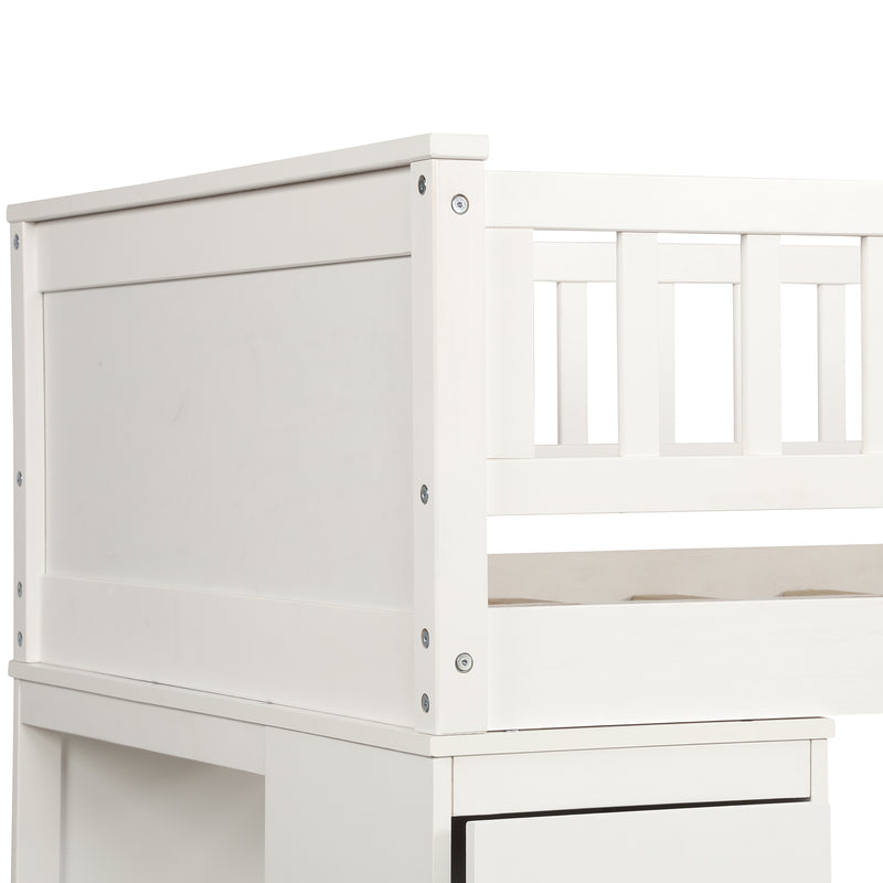 Twin over Twin Bed with Drawers and Shelves for Kids, White,Gray