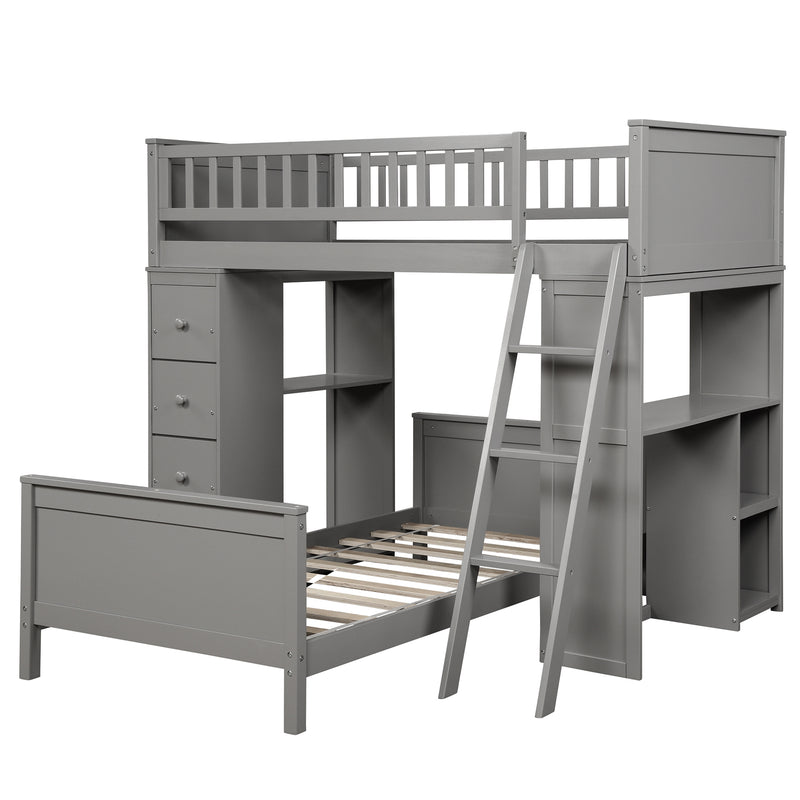 Twin over Twin Bed with Drawers and Shelves for Kids, White,Gray