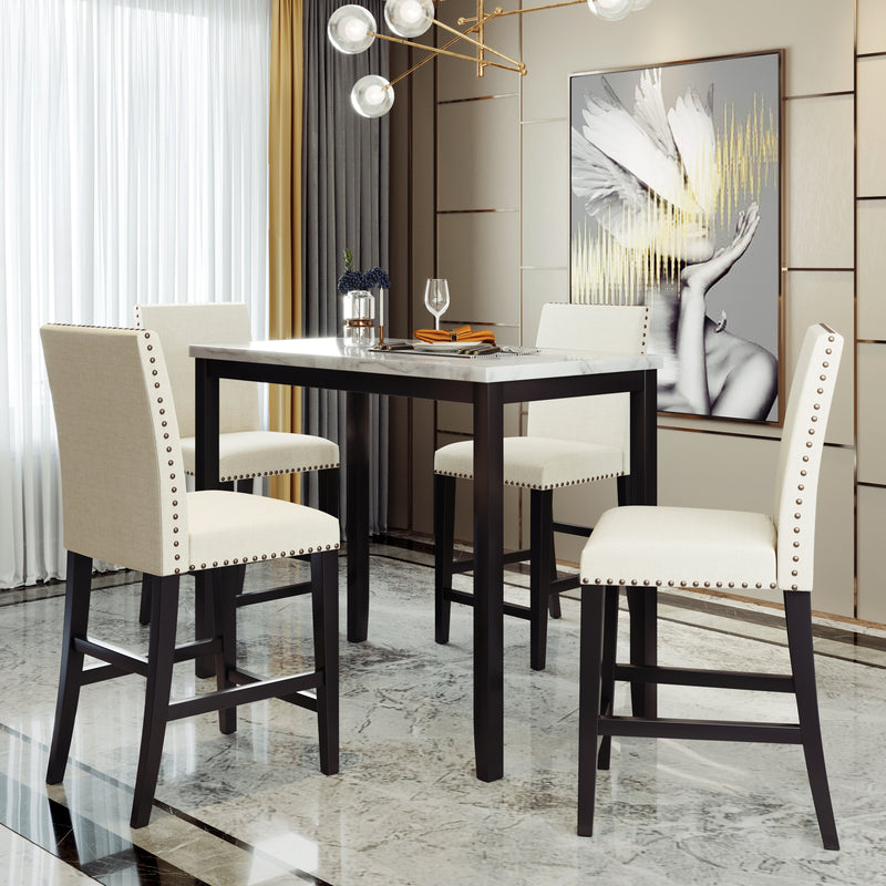 5 Piece Counter Height Faux Marble Modern Dining Set with Matching Chairs and Marble Veneer for Home, Beige