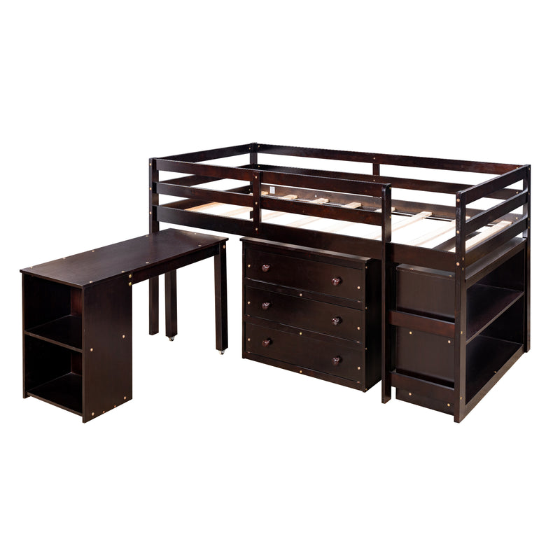 Low Study Twin Loft Bed with Cabinet and Rolling Portable Desk