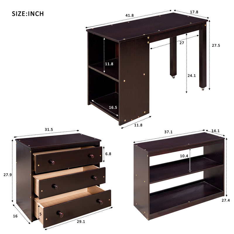 Low Study Twin Loft Bed with Cabinet and Rolling Portable Desk